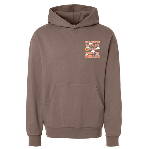 Brown hoodie with a colorful graphic and text on a white background