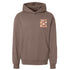 Brown hoodie with a colorful graphic and text on a white background
