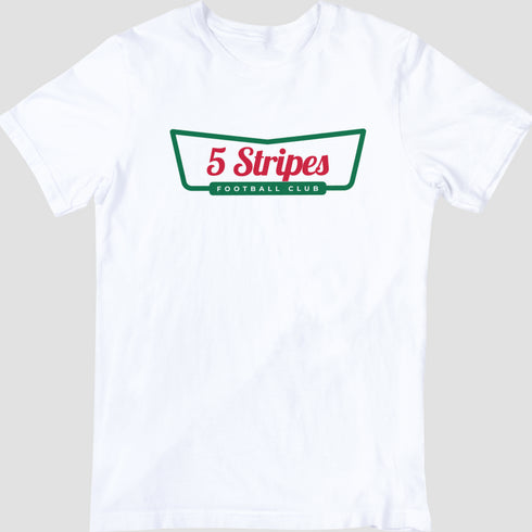 White t-shirt with '5 Stripes Football Club' logo on a light gray background