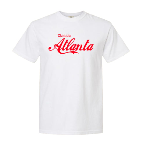 White t-shirt with red 'Classic Atlanta' text on a white background