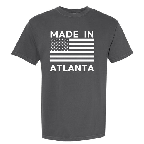 Gray t-shirt with 'Made in Atlanta' text and American flag design on a white background