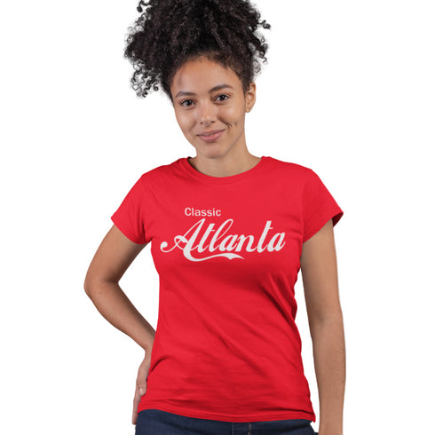 Person wearing a red 'Classic Atlanta' t-shirt on a gray background