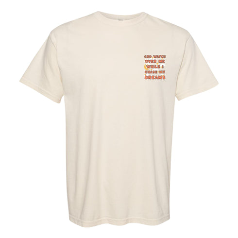 Beige t-shirt with text design on a white background
