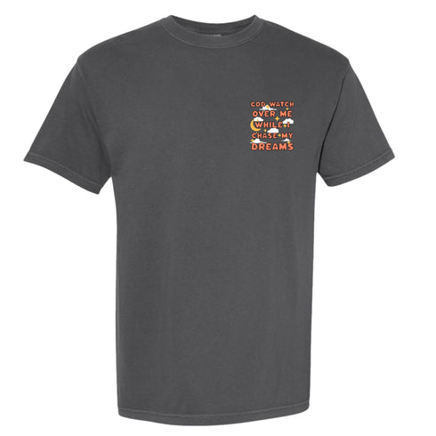 Gray t-shirt with a small printed design on the chest against a white background