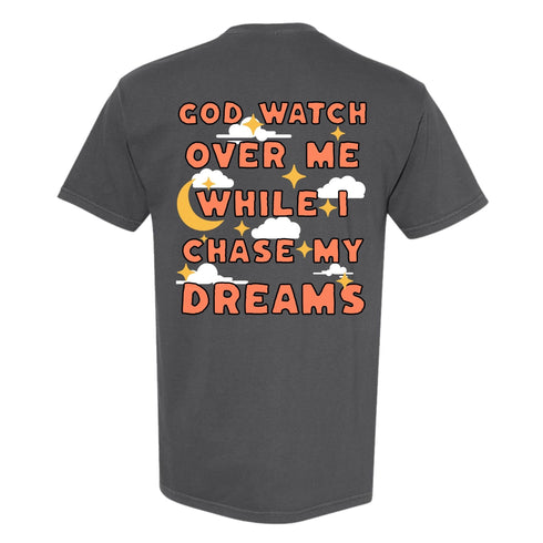 Gray t-shirt with motivational quote on the back, featuring stars and clouds.