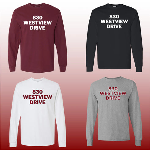 Long-sleeve t-shirt in maroon, black, white, and heather gray with '830 Westview Drive' in bold text.