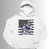 White hoodie with a graphic of a baseball player and American flag on a gray background