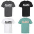 Four t-shirts with 'All Flats Extra Crispy' text in different colors on a white background.