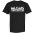 Black t-shirt with 'ALL FLATS EXTRA CRISPY' text on a white background