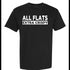 Black t-shirt with white text 'ALL FLATS EXTRA CRISPY' on a white background