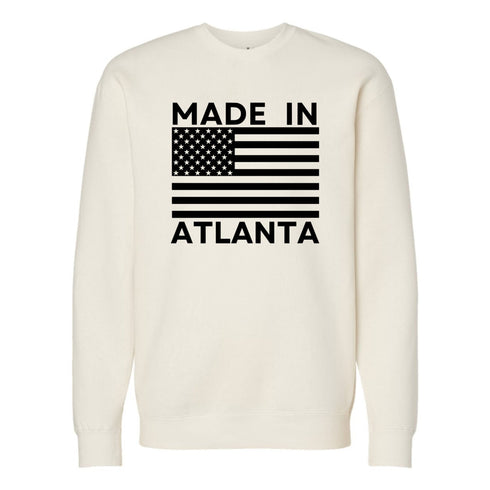 White sweatshirt with 'Made in Atlanta' text and American flag design on a white background