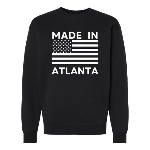 Black sweatshirt with 'Made in Atlanta' text and American flag design on a white background