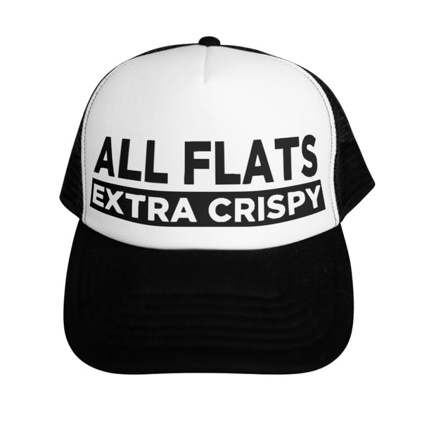 White and black All Flats Extra Crispy Trucker Hat, inspired by Atlanta wing culture, with adjustable fit.
