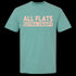 Seafoam-colored t-shirt with 'ALL FLATS EXTRA CRISPY' text on a white background
