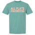 Teal t-shirt with 'ALL FLATS EXTRA CRISPY' text on a white background