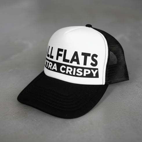Black and white cap with text on a gray background