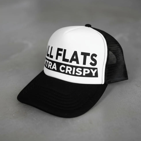 Side view of white and black All Flats Extra Crispy Trucker Hat, inspired by Atlanta wing culture, with adjustable fit.
