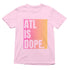 Pink t-shirt with 'ATL IS DOPE.' text on a white background