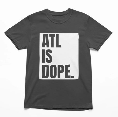 Pepper Gray Comfort Colors t-shirt with ATL IS DOPE bold white graphic text on the front.