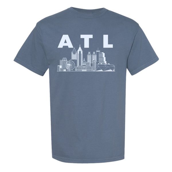 Blue Jean ATL Skyline T-shirt with white Atlanta skyline graphic.