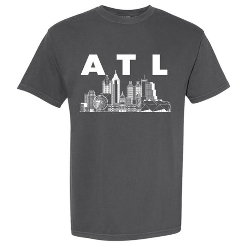 Gray t-shirt with white 'ATL' and cityscape design on a white background
