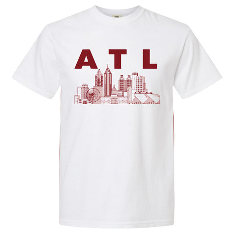 White t-shirt with red 'ATL' and cityscape design on a maroon background
