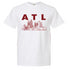 White t-shirt with red 'ATL' and cityscape design on a maroon background
