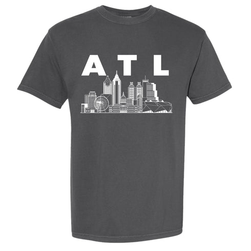 Gray t-shirt with white 'ATL' and cityscape design on a white background