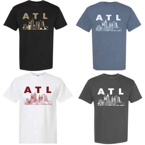 Four t-shirts with 'ATL' and city skyline design on a white background
