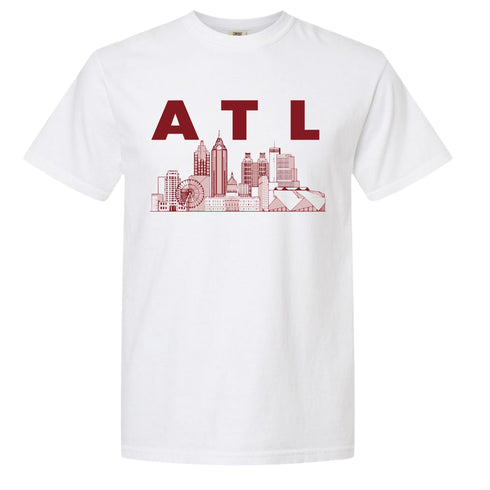 White ATL Skyline T-shirt with maroon Atlanta skyline graphic.