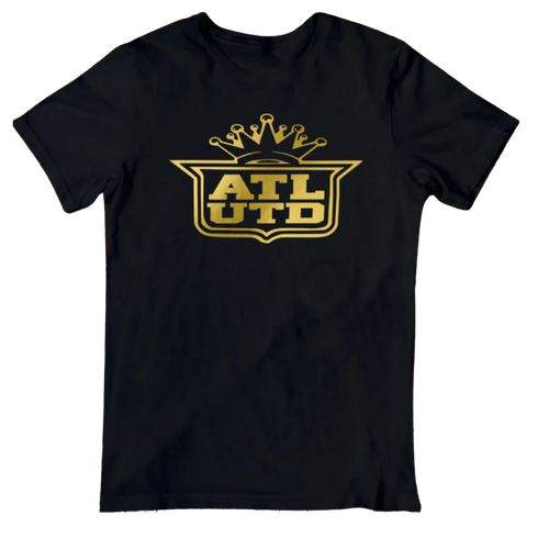Black Atlanta Is United t-shirt with bold gold graphic design inspired by Atlanta culture and unity
