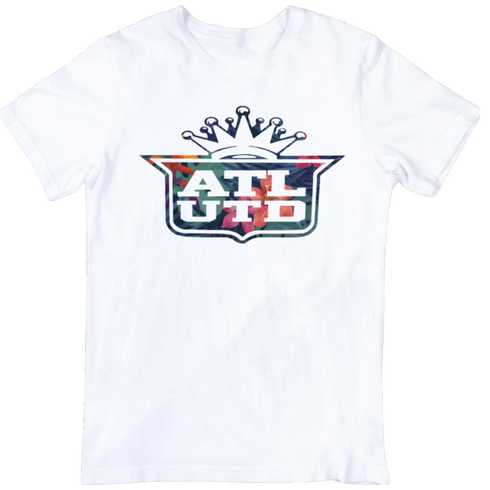 White Atlanta Is United t-shirt featuring colorful graphic design representing Atlanta unity and culture