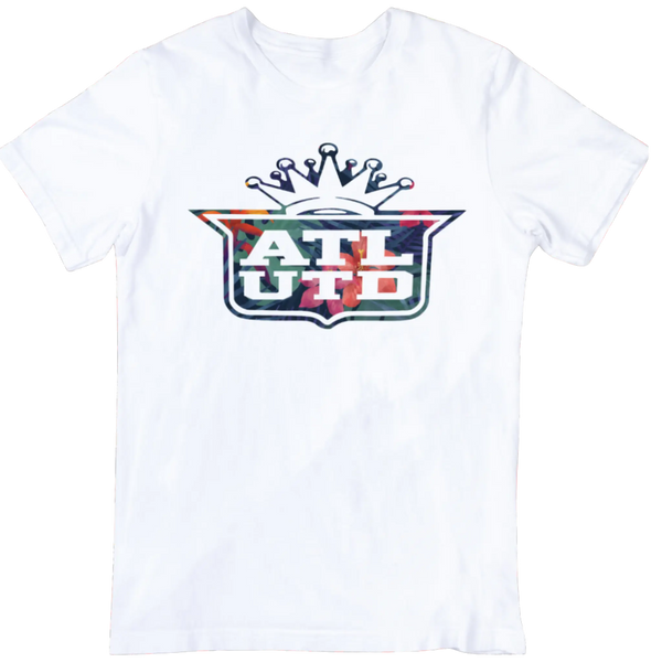 White Atlanta Is United t-shirt featuring colorful graphic design representing Atlanta unity and culture
