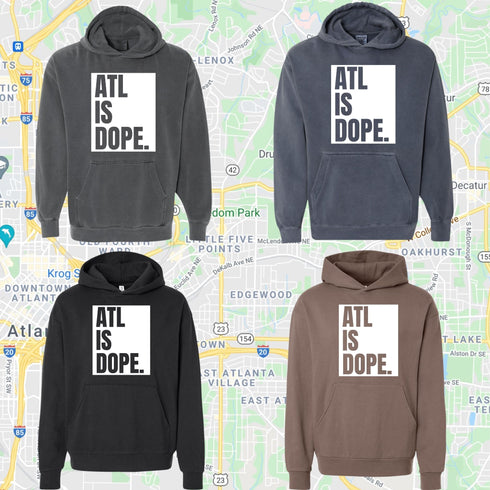 ATL Is Dope Atlanta streetwear hoodies in black, pepper, denim, and espresso colors