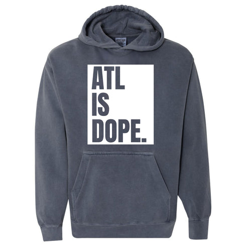 Denim blue ATL Is Dope hoodie featuring bold Atlanta graphic design