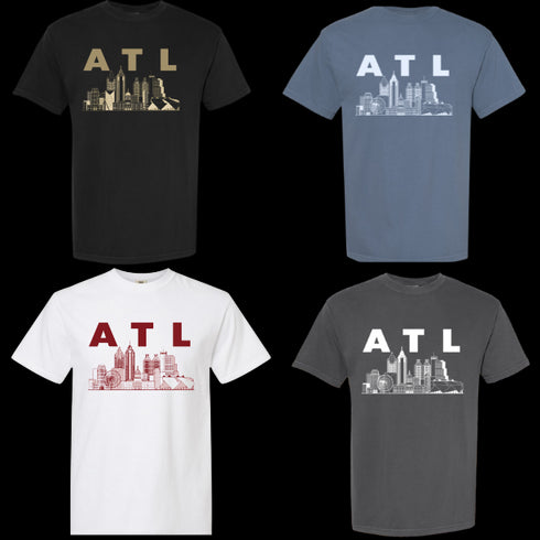 Four t-shirts with 'ATL' and city skyline design on a white background
