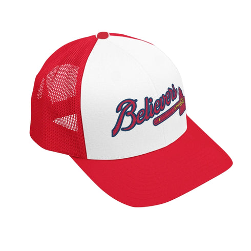 White and red Believers Trucker Hat, inspired by Atlanta baseball, with mesh back and adjustable fit.