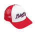 White and red Believers Trucker Hat, inspired by Atlanta baseball, with mesh back and adjustable fit.