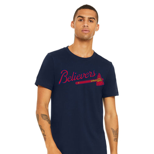 Man wearing a navy blue t-shirt with 'Believers' text and logo on a white background