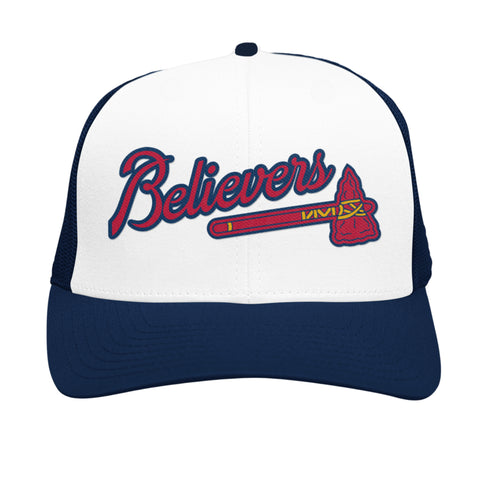 White and navy Believers Trucker Hat, inspired by Atlanta baseball, with mesh back and adjustable fit.