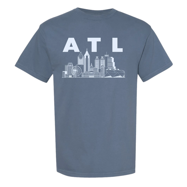 Atlanta skyline ATL graphic t-shirt featuring downtown Atlanta skyline illustration on blue jean shirt