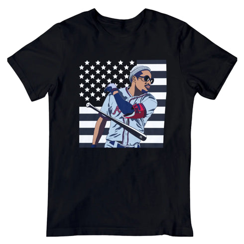 Black t-shirt with American flag and Braves 3000 graphic, celebrating Atlanta’s sports and hip-hop culture.