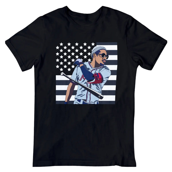 Black t-shirt with American flag and Braves 3000 graphic, celebrating Atlanta’s sports and hip-hop culture.