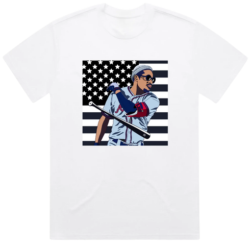 White t-shirt with American flag and Braves 3000 graphic, celebrating Atlanta’s sports and hip-hop culture.