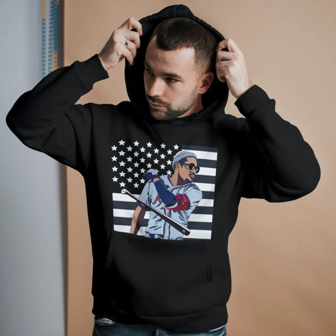 Man wearing black hoodie with Brave 3000 graphic, a nod to Atlanta’s creative and athletic spirit.