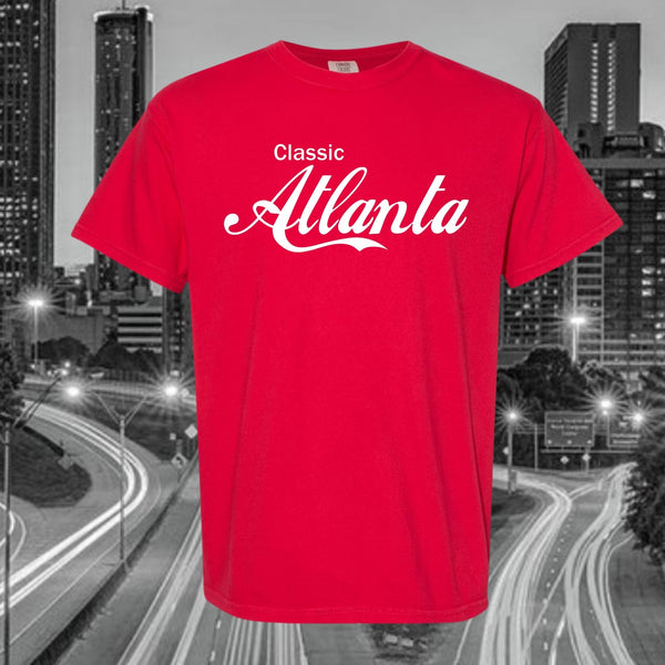Red t-shirt with 'Classic Atlanta' text over a black and white cityscape background