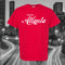 Red t-shirt with 'Classic Atlanta' text over a black and white cityscape background