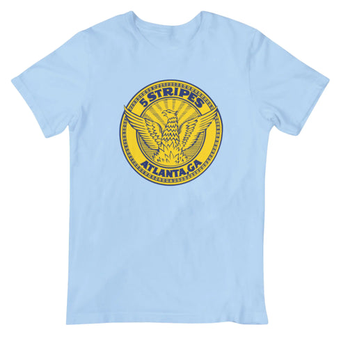 Atlanta City Seal inspired graphic tee featuring eagle emblem and “5 Stripes Atlanta GA” design on Columbia blue t-shirt
