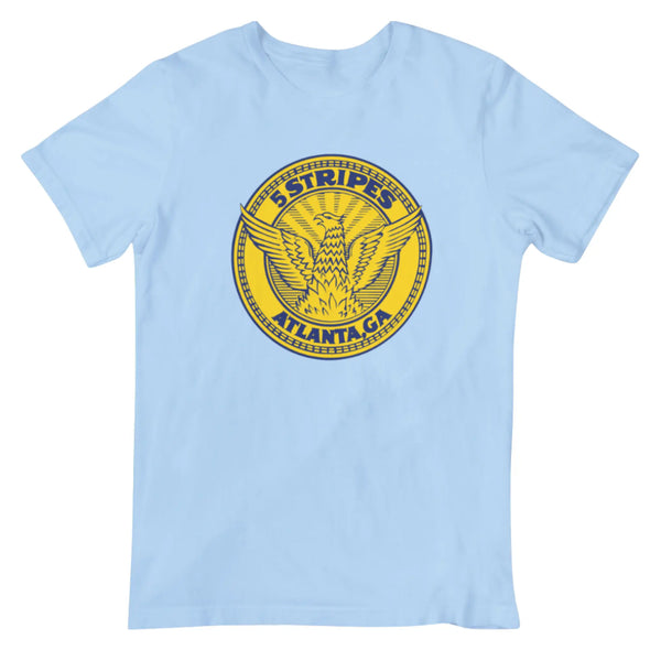 Atlanta City Seal inspired graphic tee featuring eagle emblem and “5 Stripes Atlanta GA” design on Columbia blue t-shirt