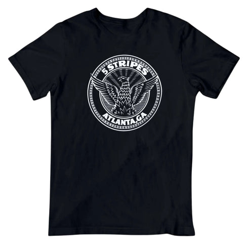 Atlanta City Seal inspired graphic tee featuring eagle emblem and “5 Stripes Atlanta GA” design on a black t-shirt